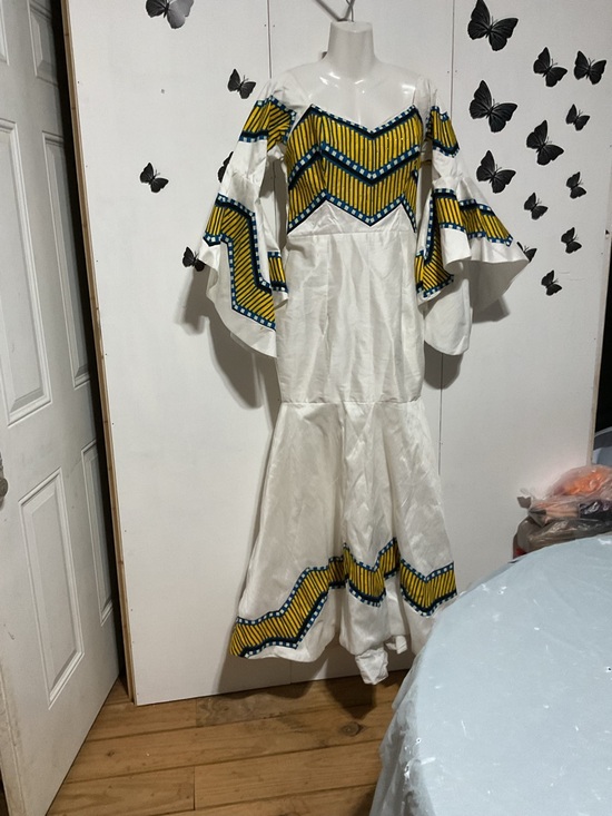 Unbrand Dresses & Skirts - White Maxi Dress with Yellow & Navy Chevron Accents